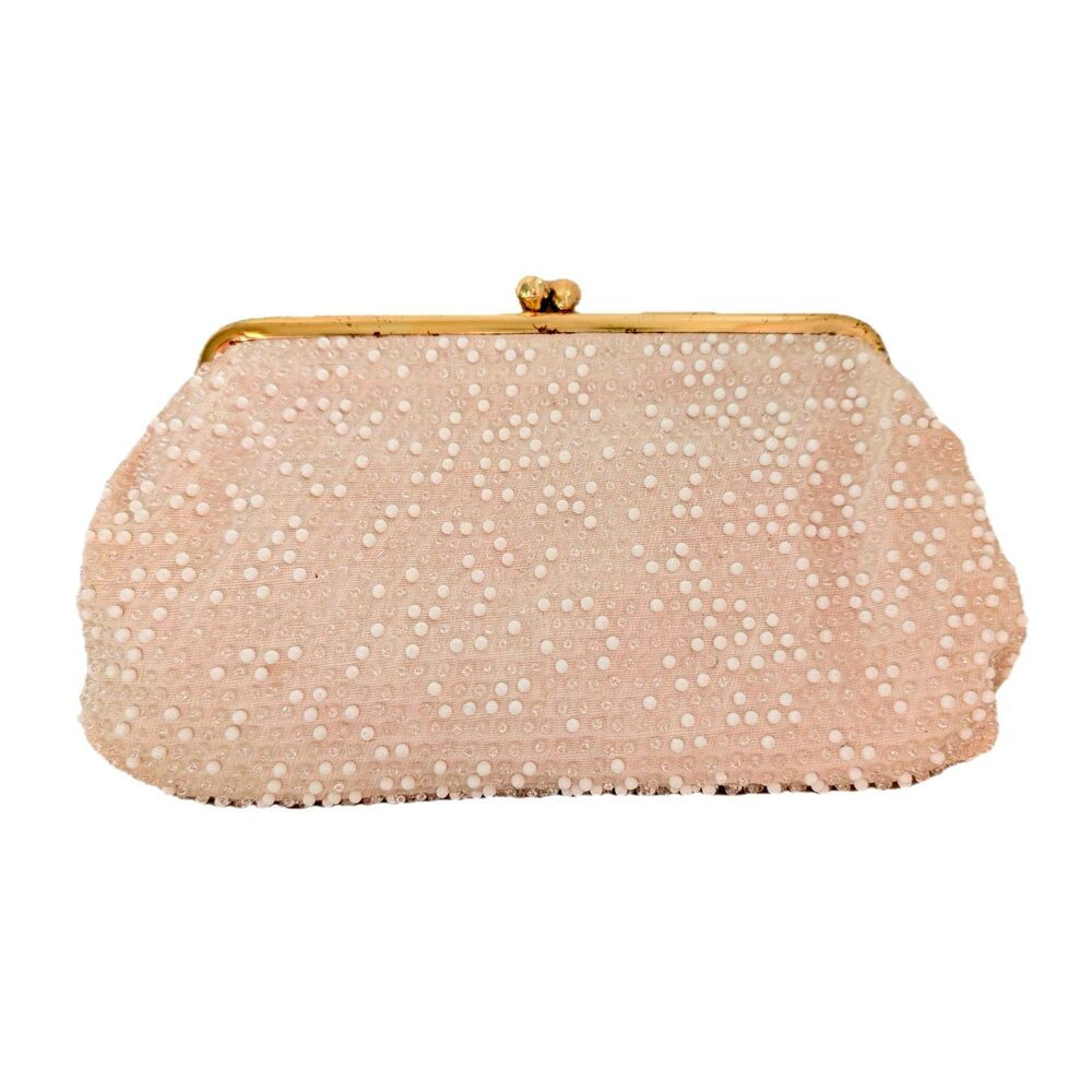 VTG 50s Cordé-Bead LUMURED Candy Dot Cream Beaded Gold Frame Evening Bag/Clutch